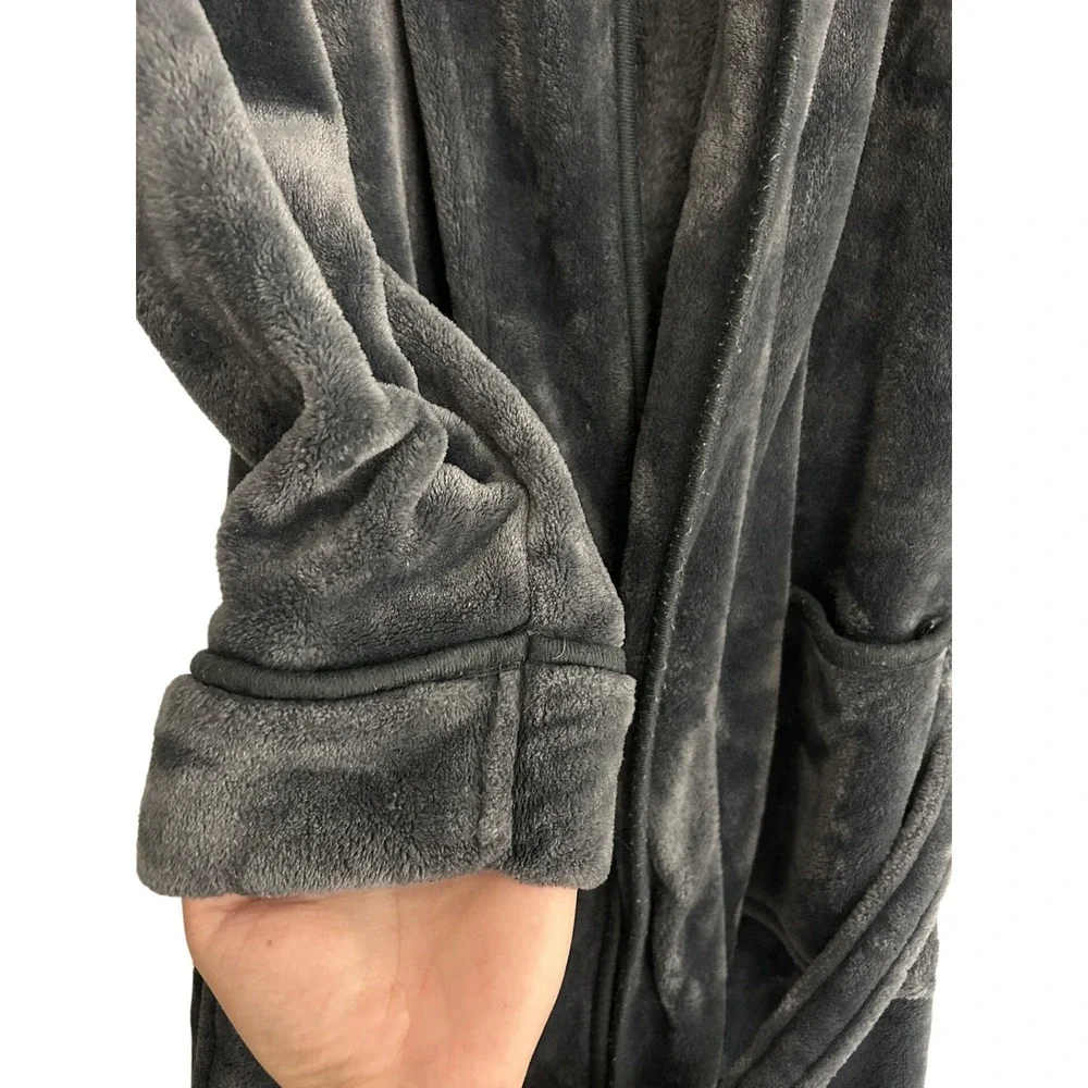 NY Threads Fleece Robe Mens Large Charcoal Grey Excellent Plush Shawl Collar L